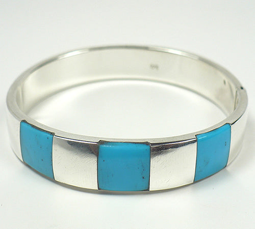 Turquoise Inlay Sterling Silver Hinged  Bracelet