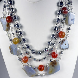 Multi Strand Gray, Orange and Silver Beaded Necklace