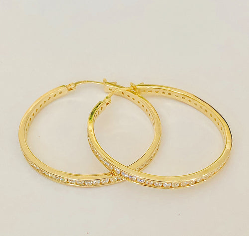 Yellow Gold Plated Sterling Silver and CZ Hoop Earrings
