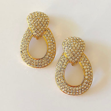 Gold Tone Pave Crystals Clip-On Drop Earrings