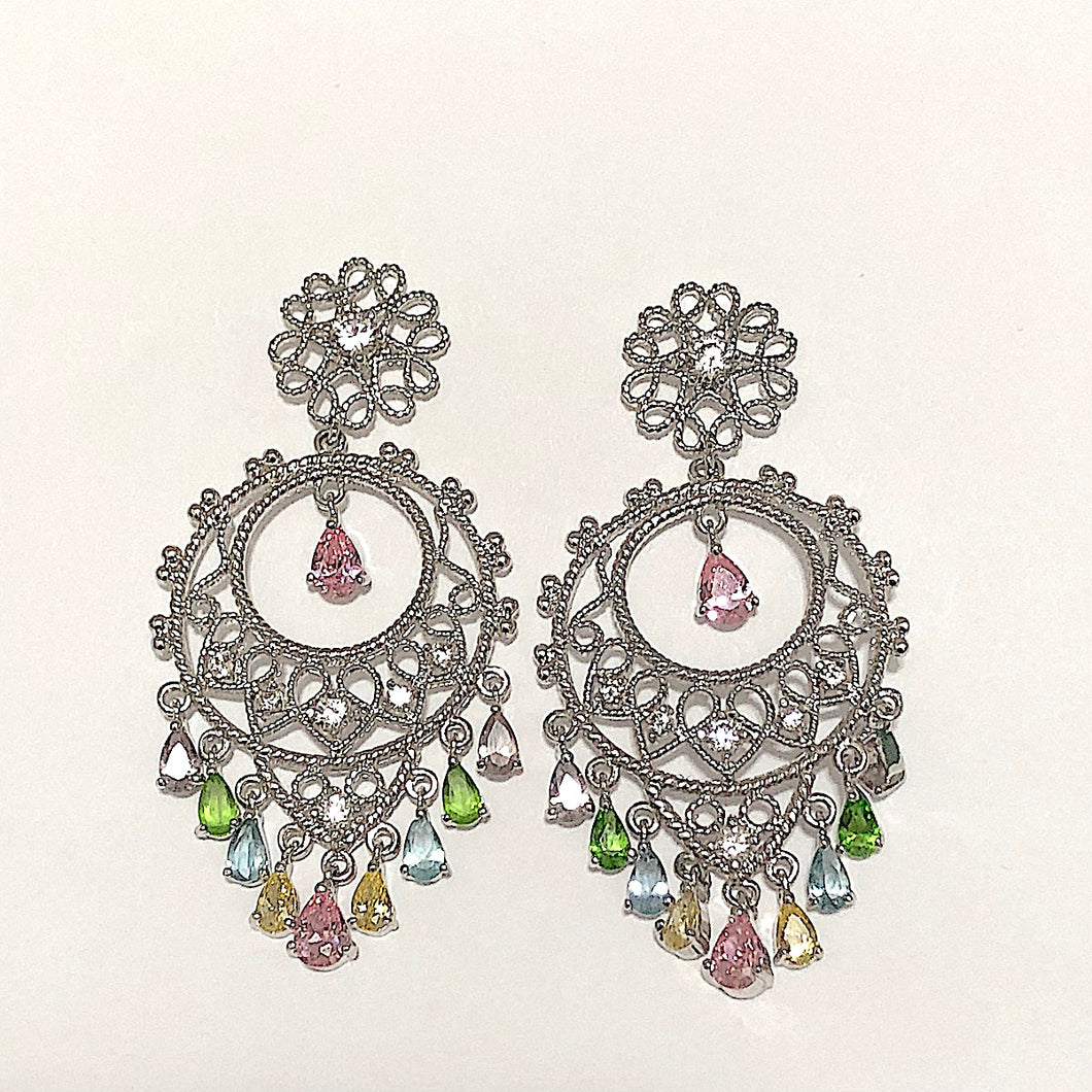 Filigree Multi CZ Silvertone Chandelier Earrings