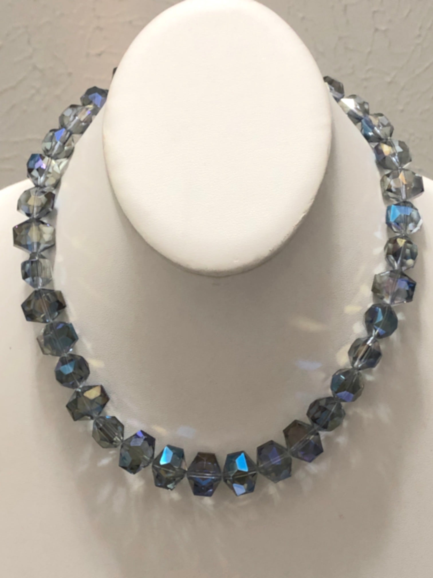 Iridescent Blue Glass Beads Necklace Set on Sale.