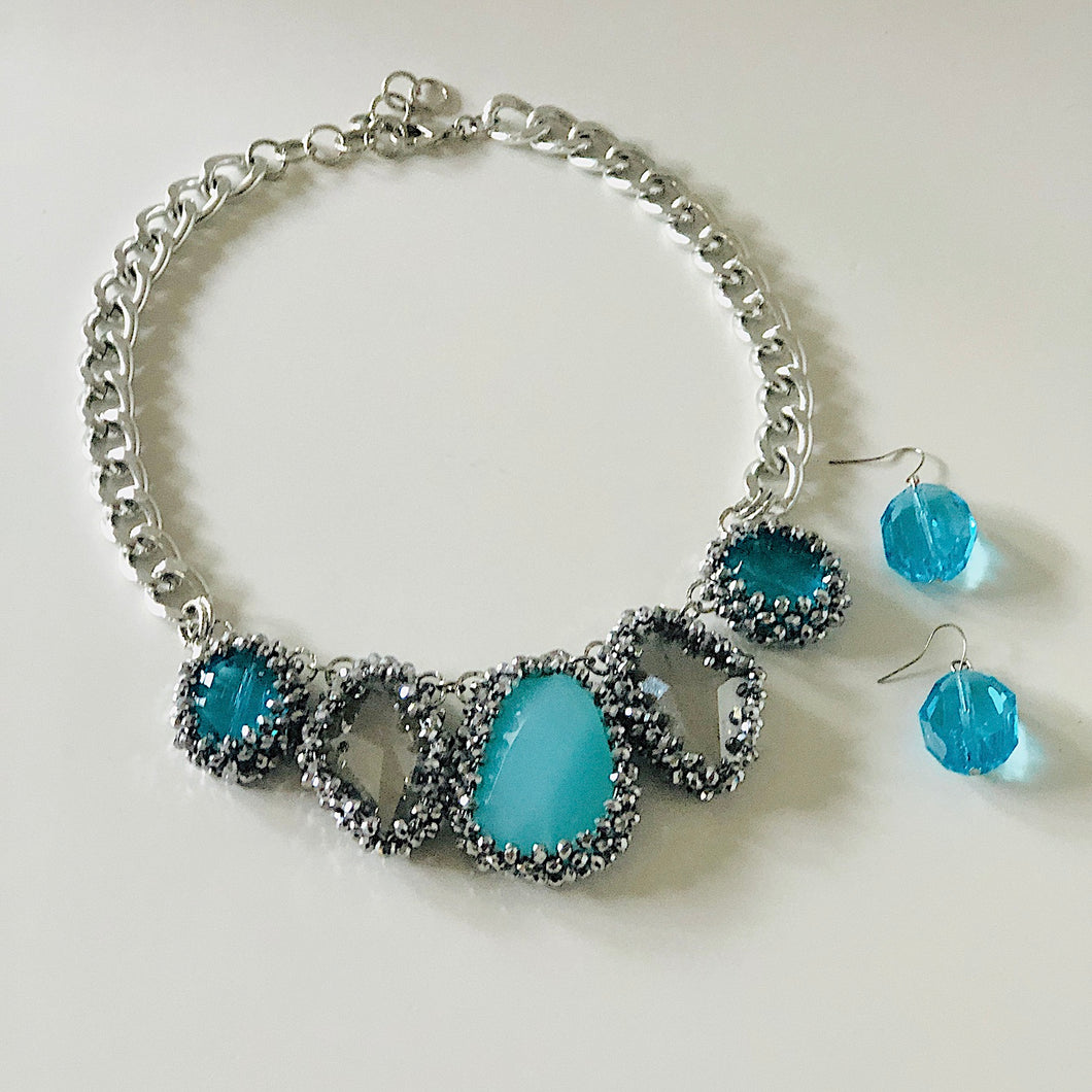 Blue Jeweled Statement Necklace Set