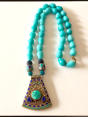 Colorful Brass Pendant on Long Turquoise Necklace