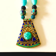 Colorful Brass Pendant on Long Turquoise Necklace