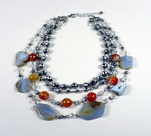 Multi Strand Gray, Orange and Silver Beaded Necklace